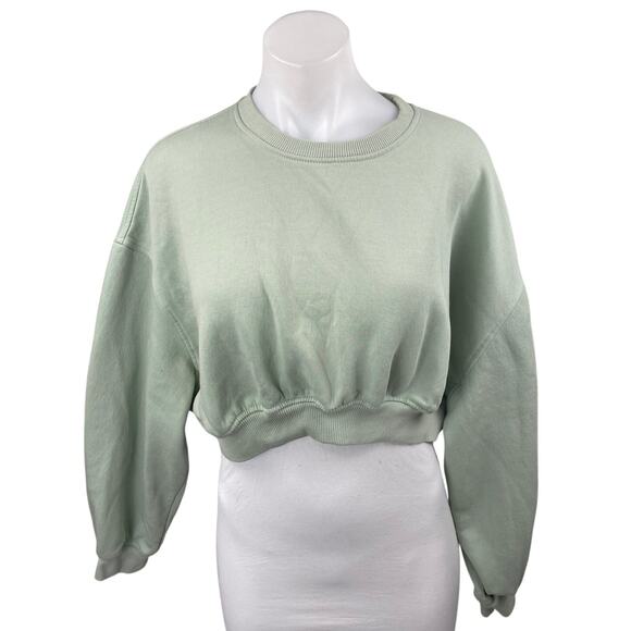 Zara Women's Green Fleece Long Sleeve Crew Neck Cropped Sweatshirt Top Size L - Picture 1 of 3